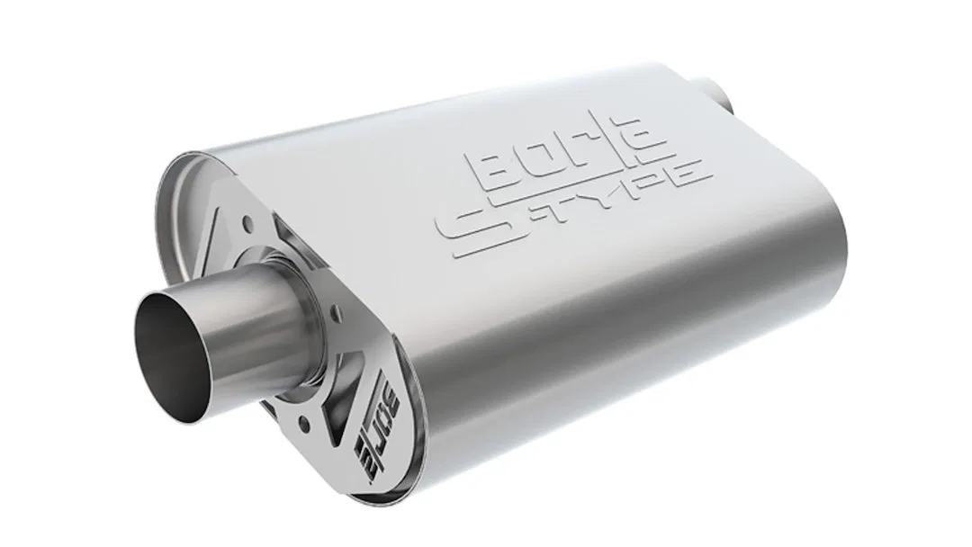 400944 – BORLA Exhaust Muffler, 4.35 Inch Height x 9.1 Inch Width Oval T-304 Stainless Steel Case Single 2-1/2 Inch O...